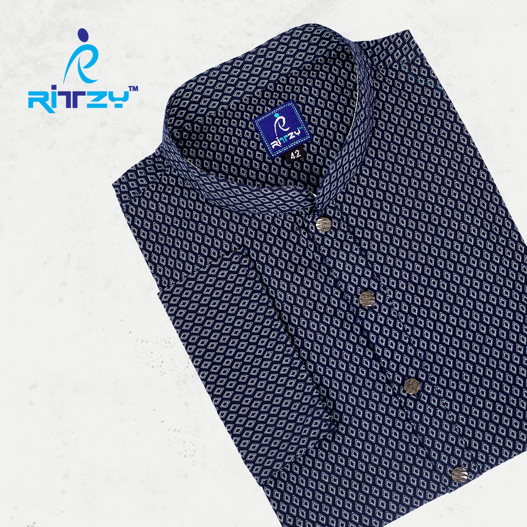 Navy Blue all over printed Panjabi for Men by Ritzy